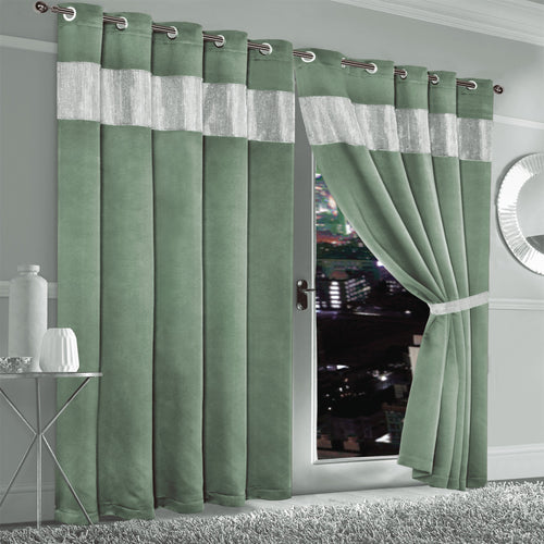 OLIVIA ROCCO Diamante Sage Green Blackout Eyelet Curtains With Tie Backs Thermal Ring Top