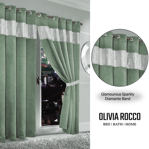 OLIVIA ROCCO Diamante Sage Green Blackout Eyelet Curtains With Tie Backs Thermal Ring Top