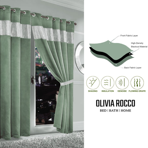 OLIVIA ROCCO Diamante Sage Green Blackout Eyelet Curtains With Tie Backs Thermal Ring Top