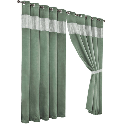 OLIVIA ROCCO Diamante Sage Green Blackout Eyelet Curtains With Tie Backs Thermal Ring Top