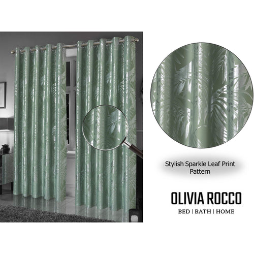 OLIVIA ROCCO Leaf Sage Green Sparkle Blackout Curtains With Thermal Insulation Eyelet