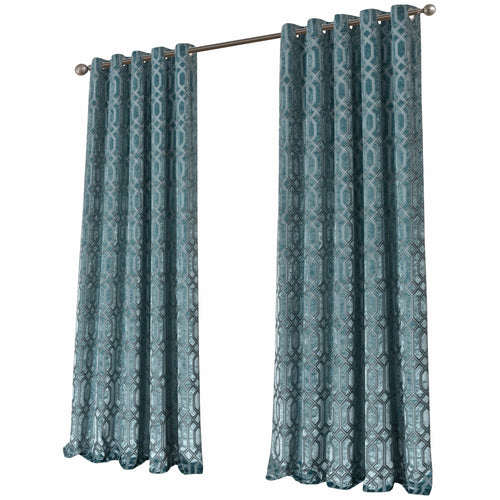 OLIVIA ROCCO Luxe Geo Velvet Eyelet Curtains Teal Thermal Insulated Soundproof Ready Made Hotel-Style Pair