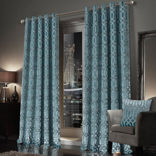 OLIVIA ROCCO Luxe Geo Velvet Eyelet Curtains Teal Thermal Insulated Soundproof Ready Made Hotel-Style Pair