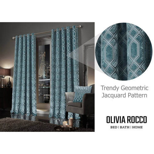 OLIVIA ROCCO Luxe Geo Velvet Eyelet Curtains Teal Thermal Insulated Soundproof Ready Made Hotel-Style Pair