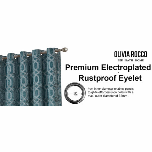 OLIVIA ROCCO Luxe Geo Velvet Eyelet Curtains Teal Thermal Insulated Soundproof Ready Made Hotel-Style Pair