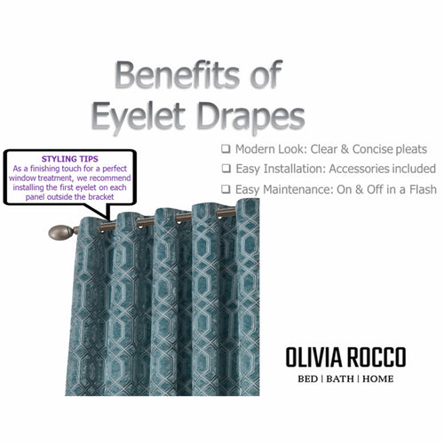 OLIVIA ROCCO Luxe Geo Velvet Eyelet Curtains Teal Thermal Insulated Soundproof Ready Made Hotel-Style Pair