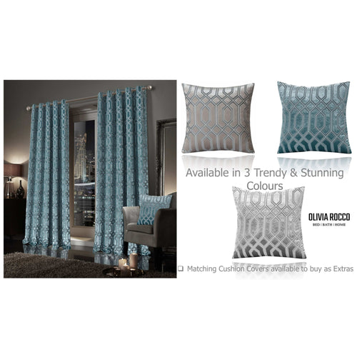 OLIVIA ROCCO Luxe Geo Velvet Eyelet Curtains Teal Thermal Insulated Soundproof Ready Made Hotel-Style Pair