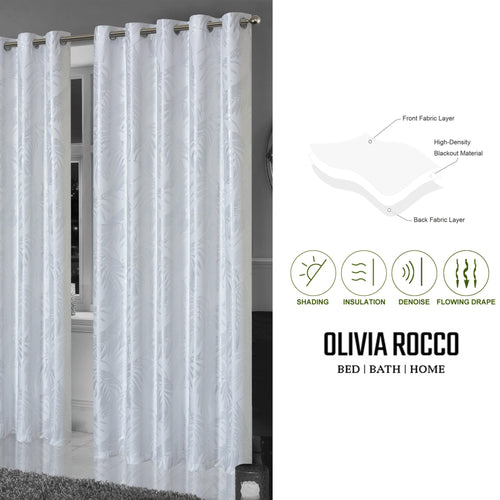 OLIVIA ROCCO Leaf White Sparkle Blackout Curtains Super Soft Fabric Thermal Insulated