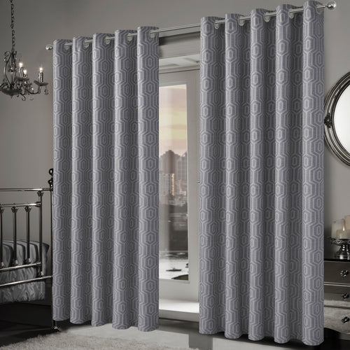 OLIVIA ROCCO Paris Eyelet Jacquard Curtains Grey Geometric Pattern Thermal Insulated