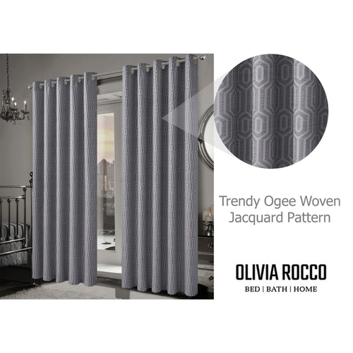 OLIVIA ROCCO Paris Eyelet Jacquard Curtains Grey Geometric Pattern Thermal Insulated