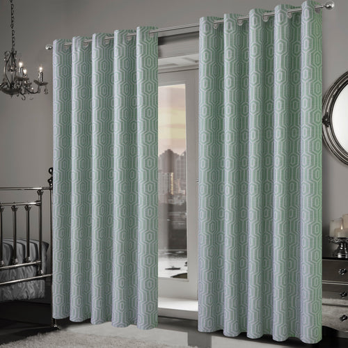 OLIVIA ROCCO Paris Eyelet Jacquard Curtains Sage Green Geometric Pattern Thermal