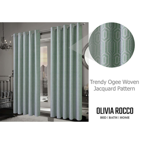 OLIVIA ROCCO Paris Eyelet Jacquard Curtains Sage Green Geometric Pattern Thermal