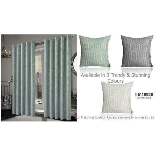 OLIVIA ROCCO Paris Eyelet Jacquard Curtains Sage Green Geometric Pattern Thermal