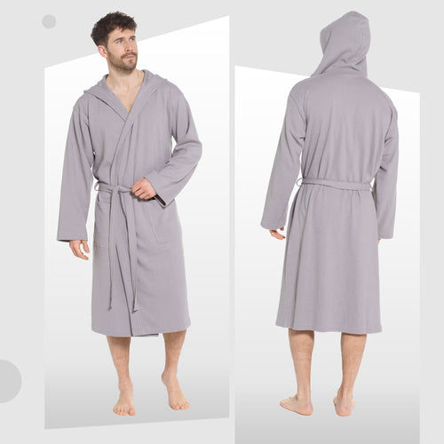 OLIVIA ROCCO Men's Hooded Waffle Cotton Bathrobe Grey 100% Cotton Super Absorbent Spa