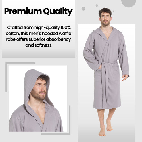 OLIVIA ROCCO Men's Hooded Waffle Cotton Bathrobe Grey 100% Cotton Super Absorbent Spa