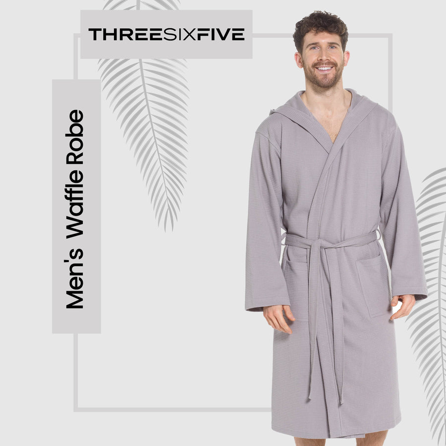 OLIVIA ROCCO Men's Hooded Waffle Cotton Bathrobe Grey 100% Cotton Super Absorbent Spa