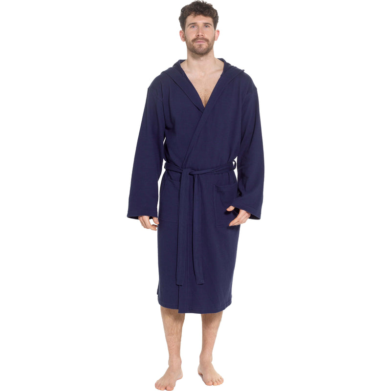 OLIVIA ROCCO Men's Hooded Waffle Cotton Bathrobe Navy Super Absorbent Cosy Easy-Care Nightwear Set