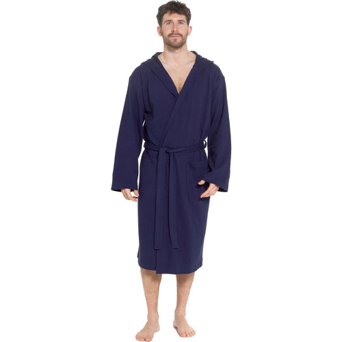 OLIVIA ROCCO Men's Hooded Waffle Cotton Bathrobe Navy Super Absorbent Cosy Easy-Care Nightwear Set