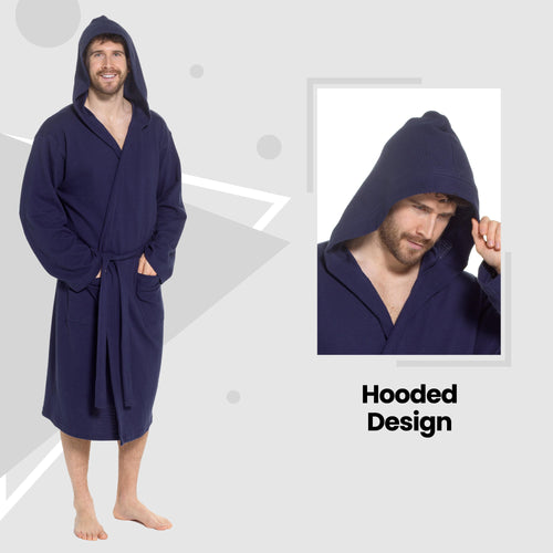 OLIVIA ROCCO Men's Hooded Waffle Cotton Bathrobe Navy Super Absorbent Cosy Easy-Care Nightwear Set