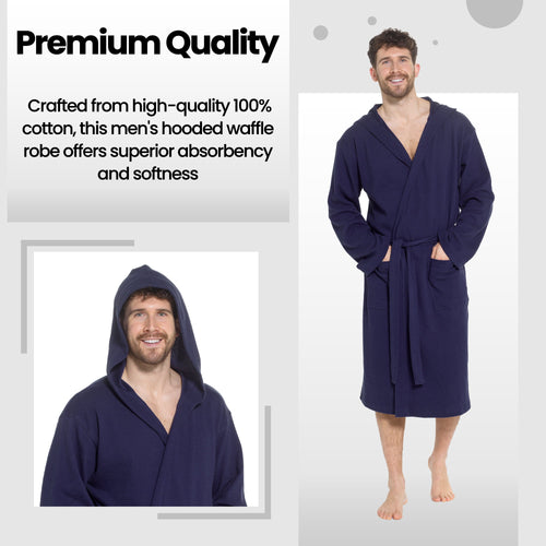 OLIVIA ROCCO Men's Hooded Waffle Cotton Bathrobe Navy Super Absorbent Cosy Easy-Care Nightwear Set