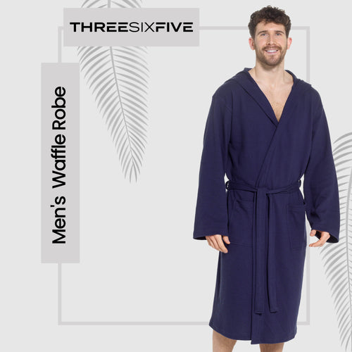 OLIVIA ROCCO Men's Hooded Waffle Cotton Bathrobe Navy Super Absorbent Cosy Easy-Care Nightwear Set