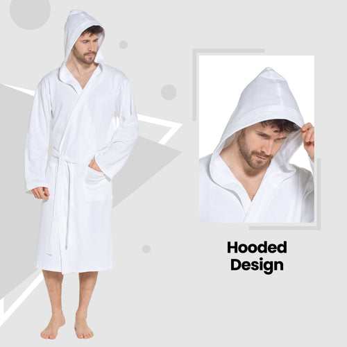 OLIVIA ROCCO Men's Hooded Waffle Cotton Bathrobe White Super Absorbent Spa Robe Cosy Easy-Care Nightwear Set