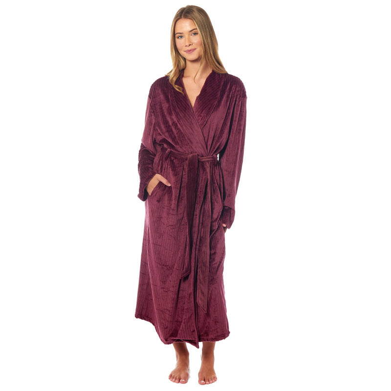 OLIVIA ROCCO Womens Stripe Jacquard Soft Warm Long Dressing Gown With Belt Pockets Shawl