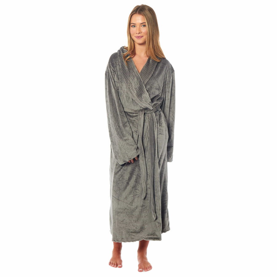 OLIVIA ROCCO Womens Stripe Jacquard Soft Warm Long Dressing Gown With Belt Pockets Shawl
