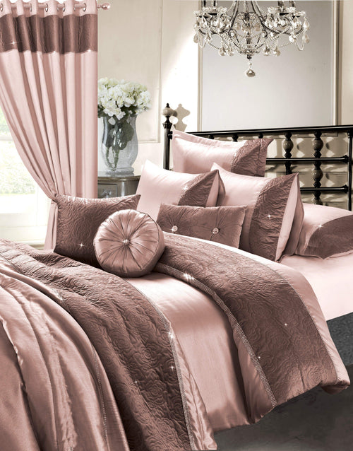 OLIVIA ROCCO Zina 7 Piece Rose Gold Duvet Set With Quilted Trim And Diamante Detailing