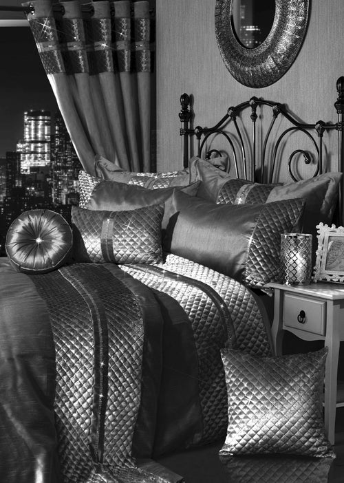 OLIVIA ROCCO Kylie Duvet Set Charcoal Gold Velvet Bedding With Quilted Trim Diamante