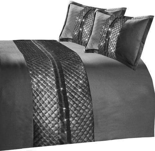 OLIVIA ROCCO Kylie Duvet Set Charcoal Gold Velvet Bedding With Quilted Trim Diamante