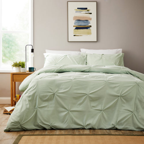 OLIVIA ROCCO Pintuck Sage Green Microfibre Duvet Cover Set With Pillowcases Easy Care