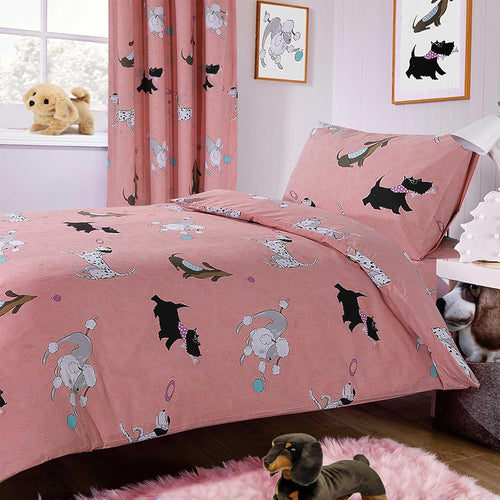 OLIVIA ROCCO Pink Dog Print Duvet Cover Set With Matching Curtains Cotton Blend Bedding