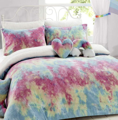 OLIVIA ROCCO Tie Dye Rainbow Teddy Fleece Duvet Set for Kids Reversible Bedding for a Hotel-Style Bedroom Refresh