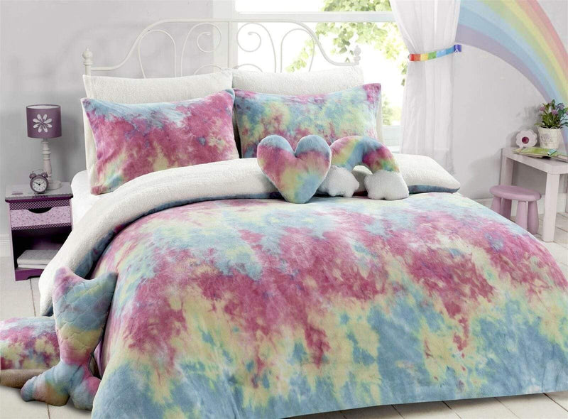 OLIVIA ROCCO Tie Dye Rainbow Teddy Fleece Duvet Set for Kids Reversible Bedding for a Hotel-Style Bedroom Refresh