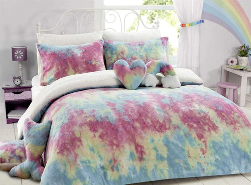 OLIVIA ROCCO Tie Dye Rainbow Teddy Fleece Duvet Set for Kids Reversible Bedding for a Hotel-Style Bedroom Refresh