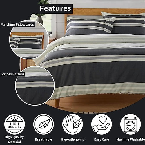 OLIVIA ROCCO Duvet Cover Set Miami Stripes Reversible Hypoallergenic Cotton Blend Grey Super Soft Hotel-Style Finish