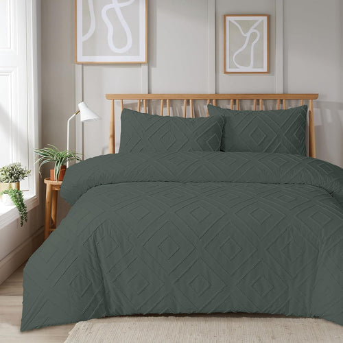 OLIVIA ROCCO Como Tufted Duvet Cover Set With Pillowcases Grey Natural White Easy Care