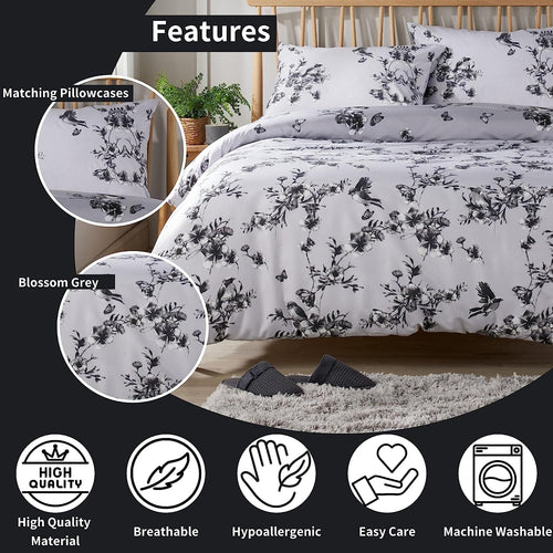 OLIVIA ROCCO Blossom Grey Printed Reversible Quilted Duvet Cover Set Easy Care Hotel-Quality Easy-Care Bedroom