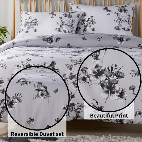 OLIVIA ROCCO Blossom Grey Printed Reversible Quilted Duvet Cover Set Easy Care Hotel-Quality Easy-Care Bedroom