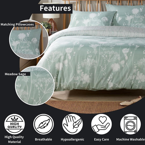 OLIVIA ROCCO Duvet Cover Set Meadow Sage Green Printed Reversible Quilted Easy Care