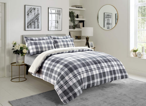 OLIVIA ROCCO Duvet Set Checked Grey Teddy Fleece Reversible Luxurious Plush Faux Fur