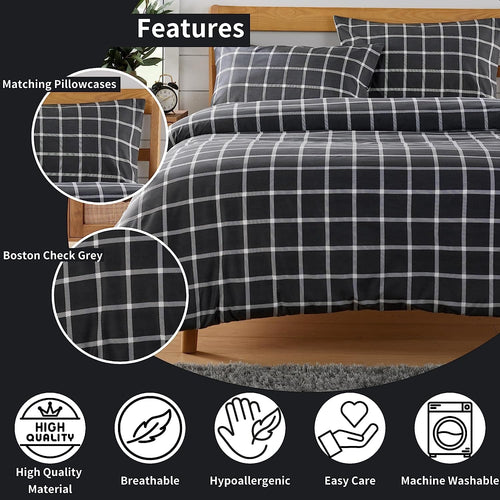OLIVIA ROCCO Grey Check Reversible Duvet Cover Set Breathable Microfibre Easy Care