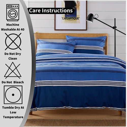 OLIVIA ROCCO Harlow Stripes Blue Duvet Cover Set With Pillowcases Breathable Microfibre for Easy-Care Everyday Luxury