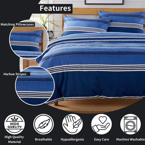 OLIVIA ROCCO Harlow Stripes Blue Duvet Cover Set With Pillowcases Breathable Microfibre for Easy-Care Everyday Luxury