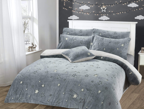 OLIVIA ROCCO Magical Stars Glow In The Dark Teddy Fleece Kids Duvet Set Ultra Soft