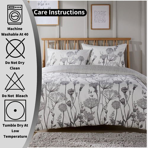 OLIVIA ROCCO Meadow Grey Reversible Duvet Cover Set With Pillowcases Breathable Microfibre for Everyday Luxury Hotel-Style