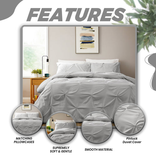 OLIVIA ROCCO Pintuck Grey Microfibre Duvet Cover Set With Pillowcases Soft Breathable
