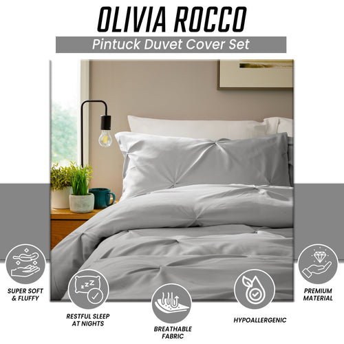 OLIVIA ROCCO Pintuck Grey Microfibre Duvet Cover Set With Pillowcases Soft Breathable