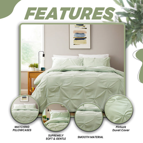 OLIVIA ROCCO Pintuck Sage Green Microfibre Duvet Cover Set With Pillowcases Easy Care